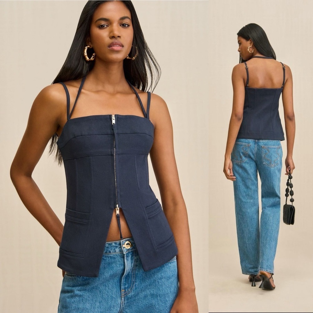 Cult Gaia Katella Corset Top Zip Front Halter Navy Deep Lake 2 NWT